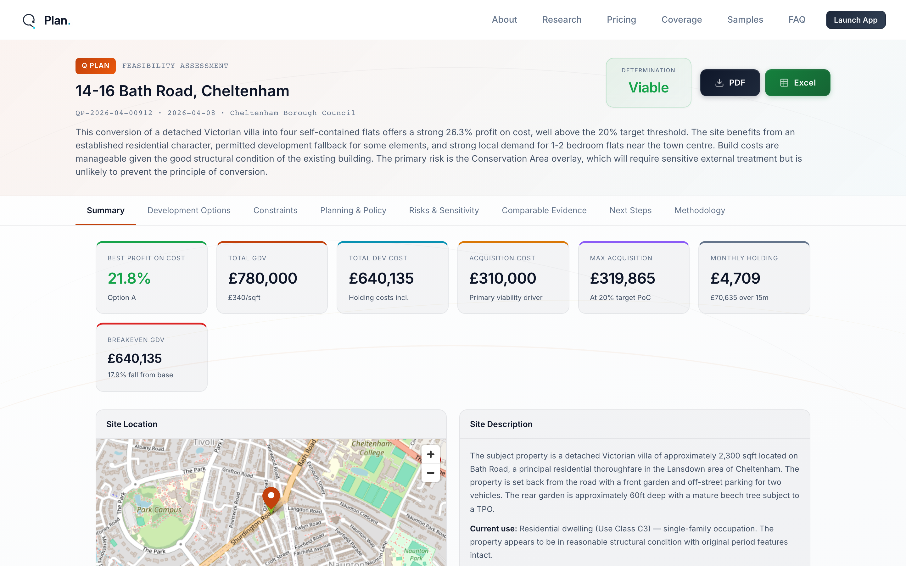 QPlan feasibility appraisal with financial KPIs and viability verdict