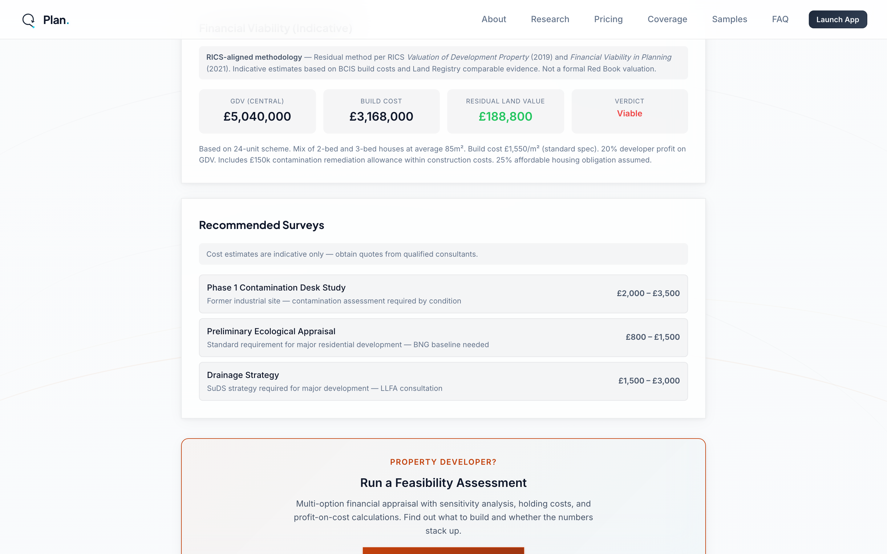 QPlan RICS-aligned financial viability output with GDV, build costs, residual land value and viable verdict